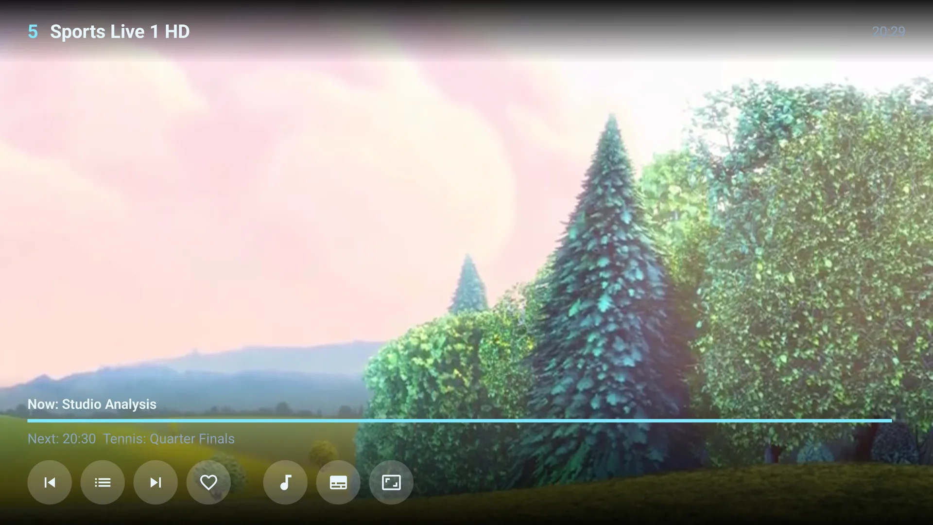 Full-screen player with now and next programme info and playback controls
